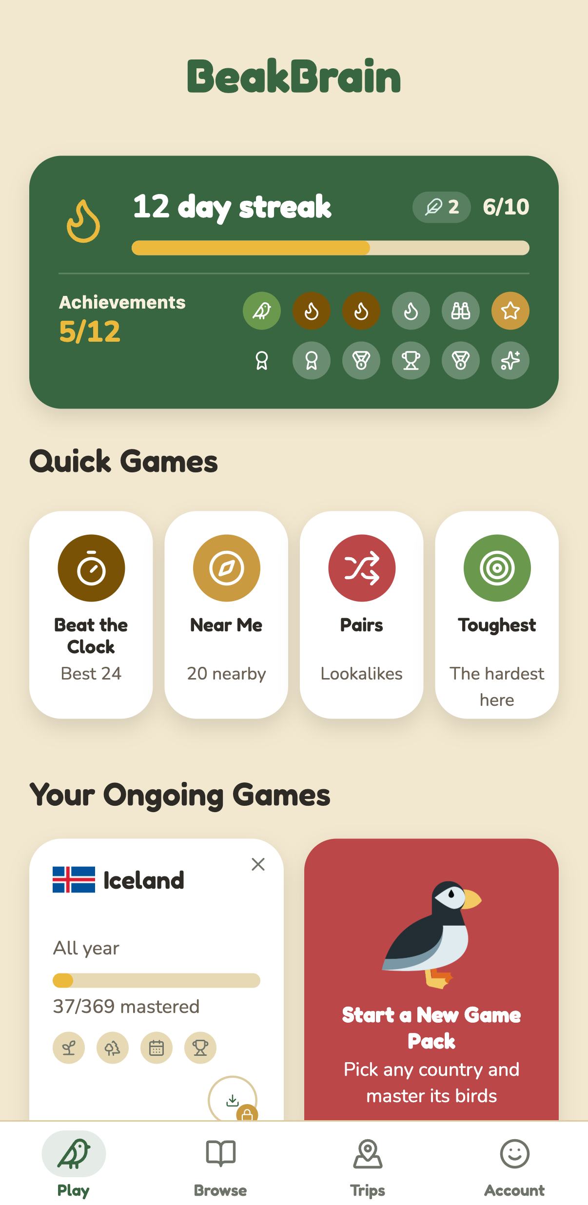 The Play hub: a twelve day streak with five of twelve achievements, four quick games, and Iceland in progress at 37 of 369 birds mastered
