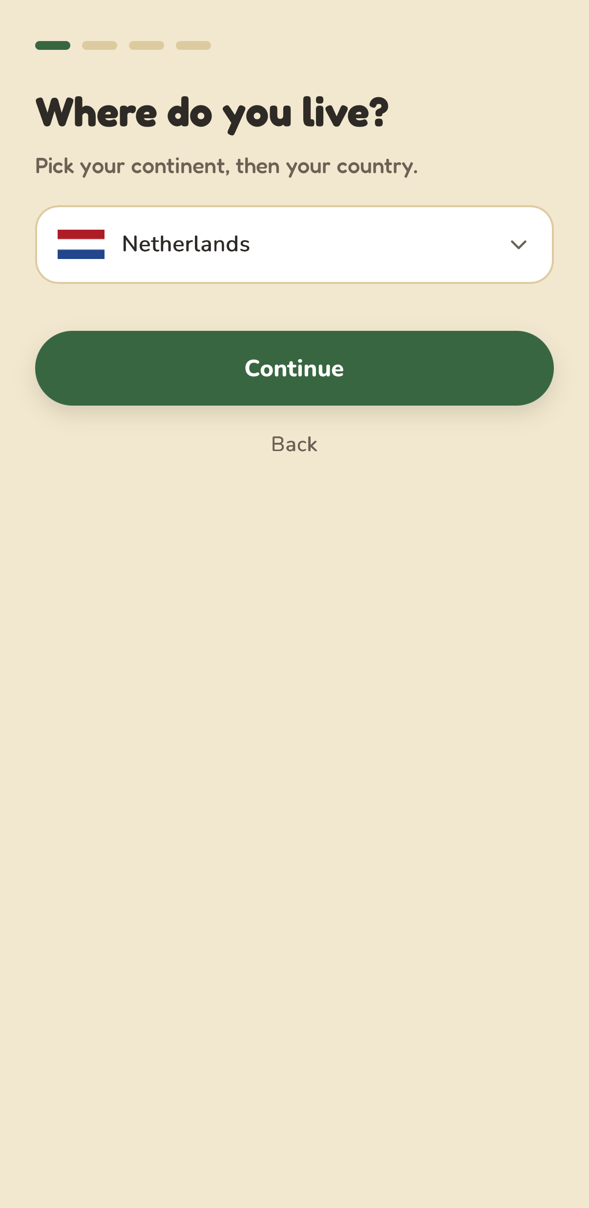 Onboarding, pick your country