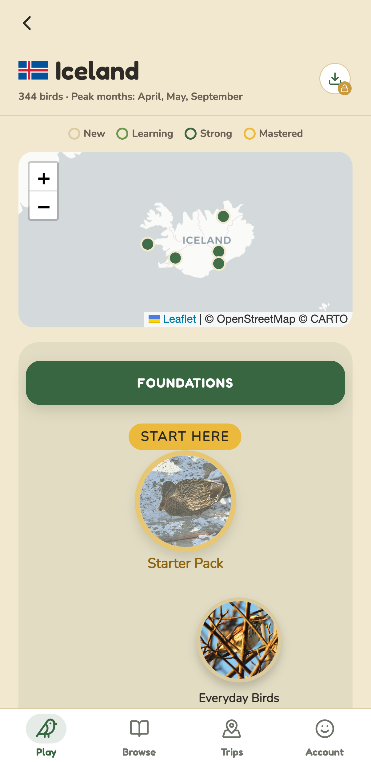 The learning path for Iceland, with a map of its birding sites and the Starter Pack
